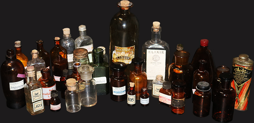 Dekoset Apothekerflaschen, 35 Stck, original, alt  (5- 25cm)